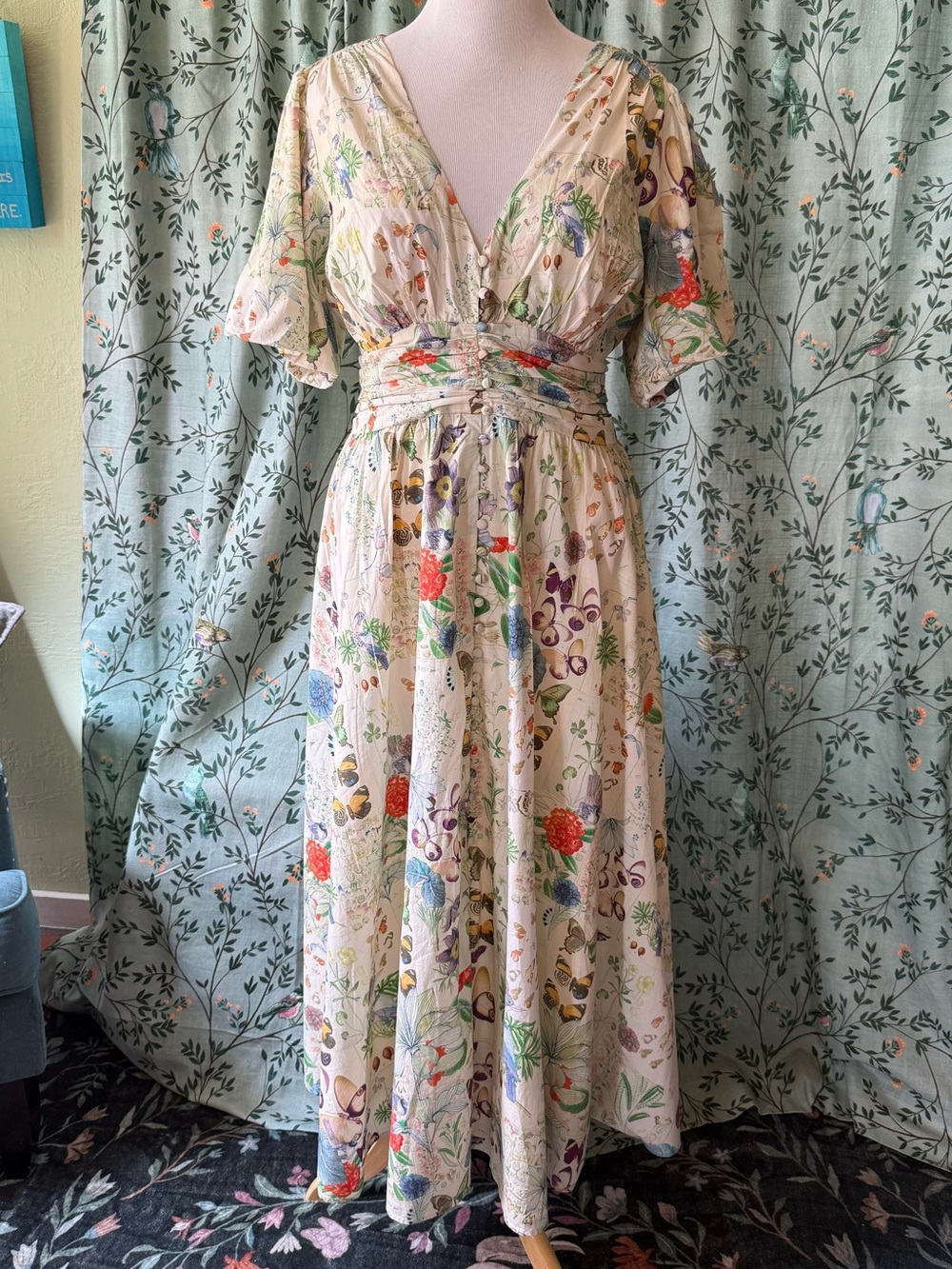 Anthropologie Cream The Katerina Butterfly & Flower Print